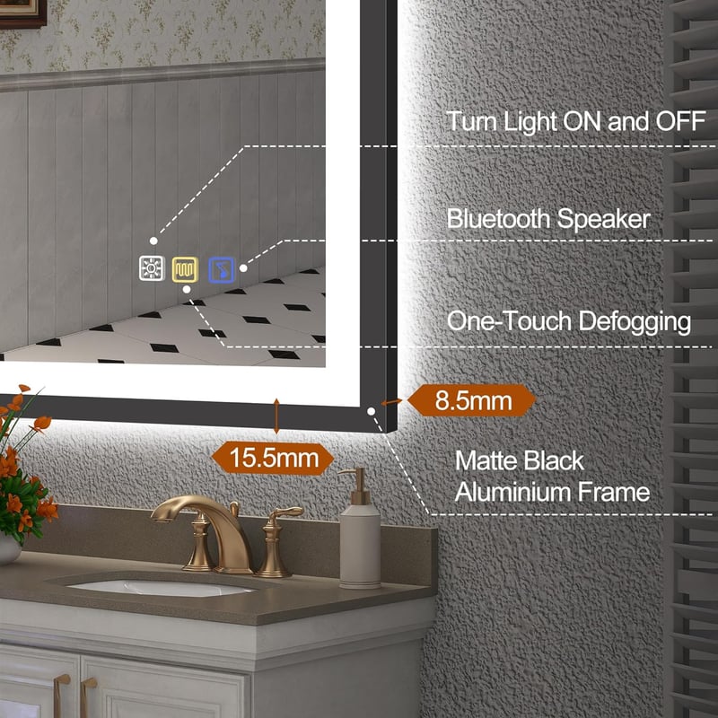 Beleuchteter Badspiegel mit Bluetooth 1000x700mm, IP44, dimmbar