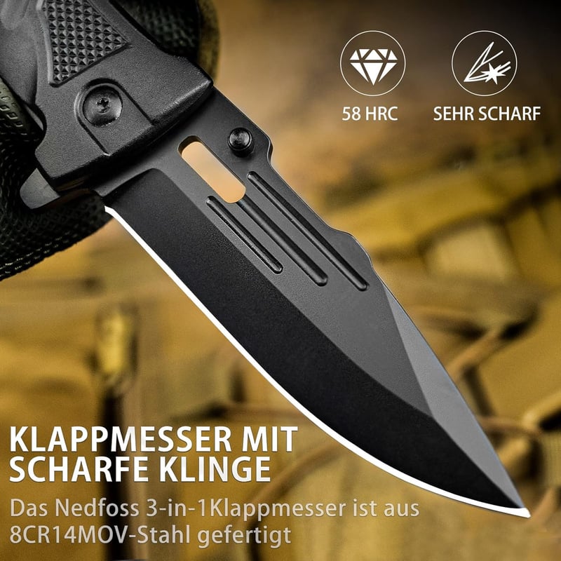 NedFoss DA75 Einhand-Rettungsmesser mit Gurtschneider und Gravur