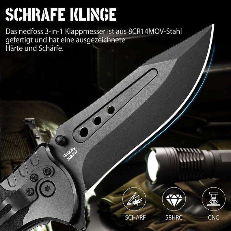 NedFoss GRIZZLY 3-in-1 Rettungsmesser mit Gurtschneider und Glasbrecher