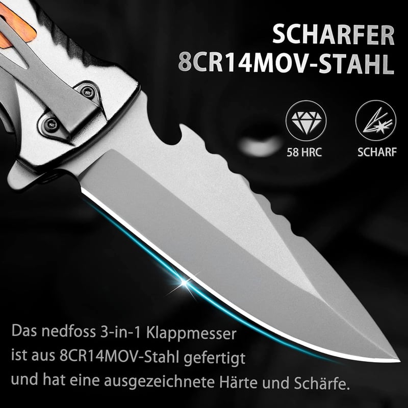 NedFoss DA169 Einhand-Klappmesser mit Gurtschneider und Flaschenöffner