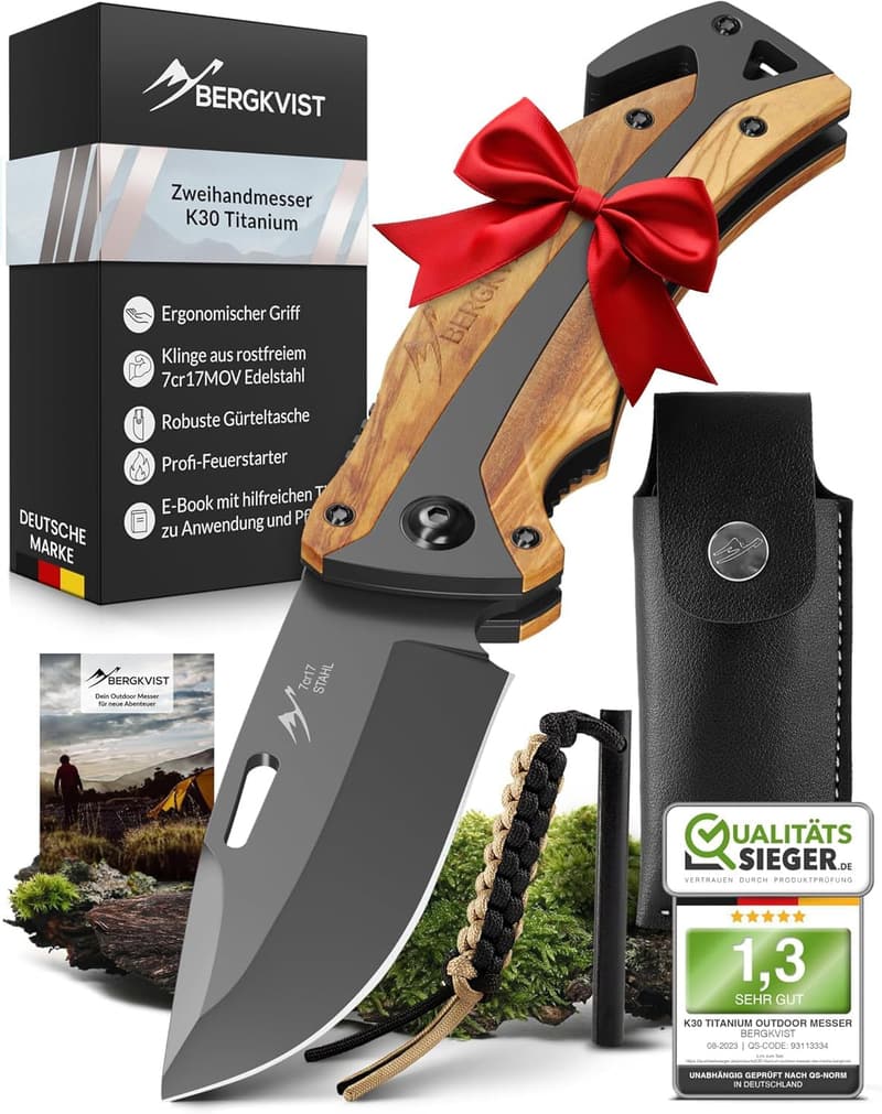 Bergkvist® K30 Titanium Klappmesser mit Olivenholzgriff für Outdoor & Camping