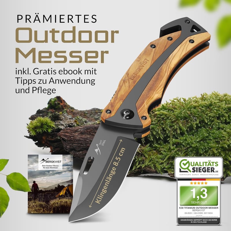 Bergkvist® K30 Titanium Klappmesser mit Olivenholzgriff für Outdoor & Camping