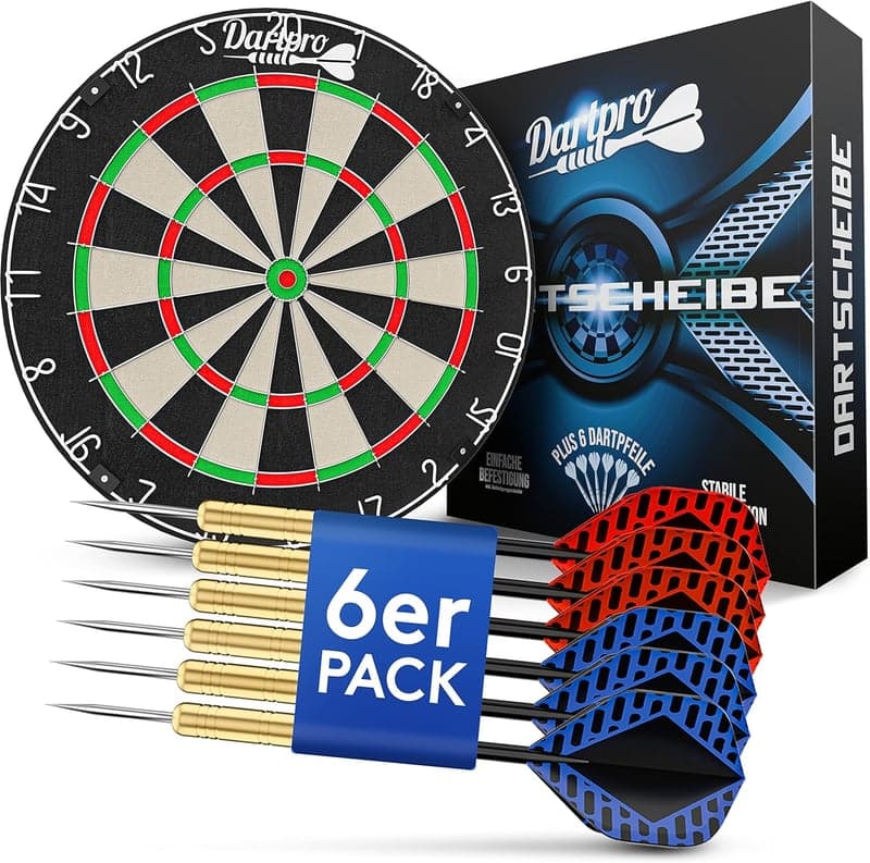 Profi Steeldartscheibe aus hochwertigem Sisal mit 6 Dartpfeilen