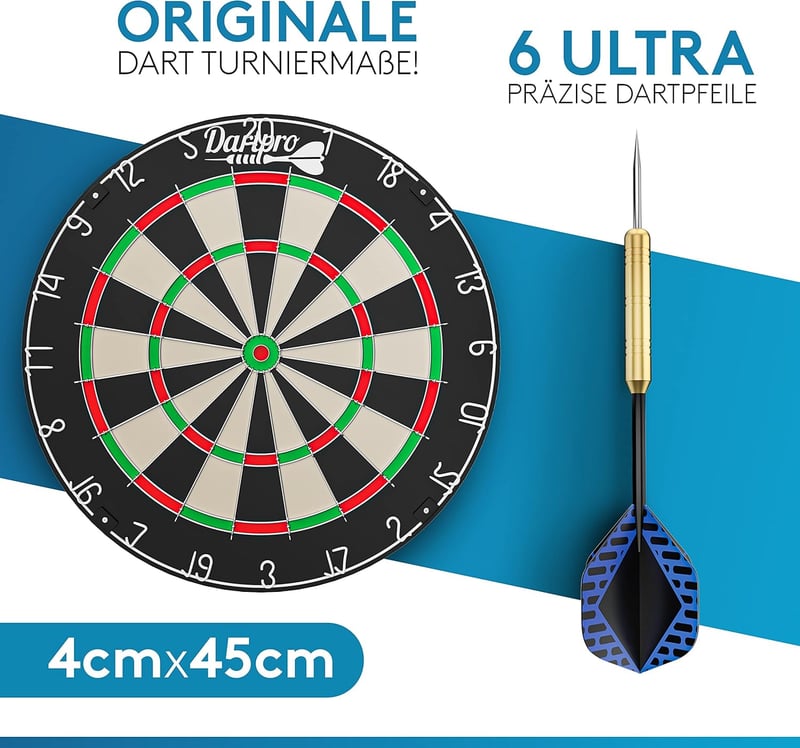 Profi Steeldartscheibe aus hochwertigem Sisal mit 6 Dartpfeilen