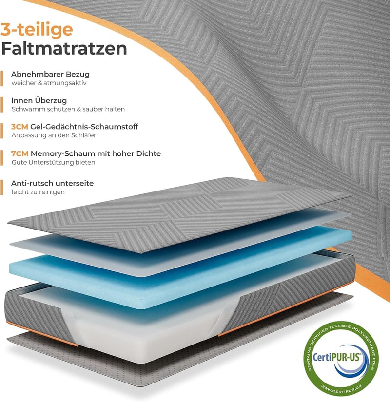 Vesgantti Klappmatratze 10cm für Reisen und Camping, 100x200cm, waschbar
