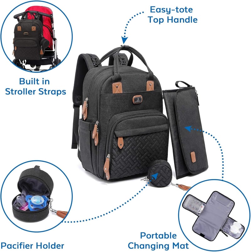 Multifunktionale Wickeltasche für Eltern mit Wickelauflage und Schnullerhalter