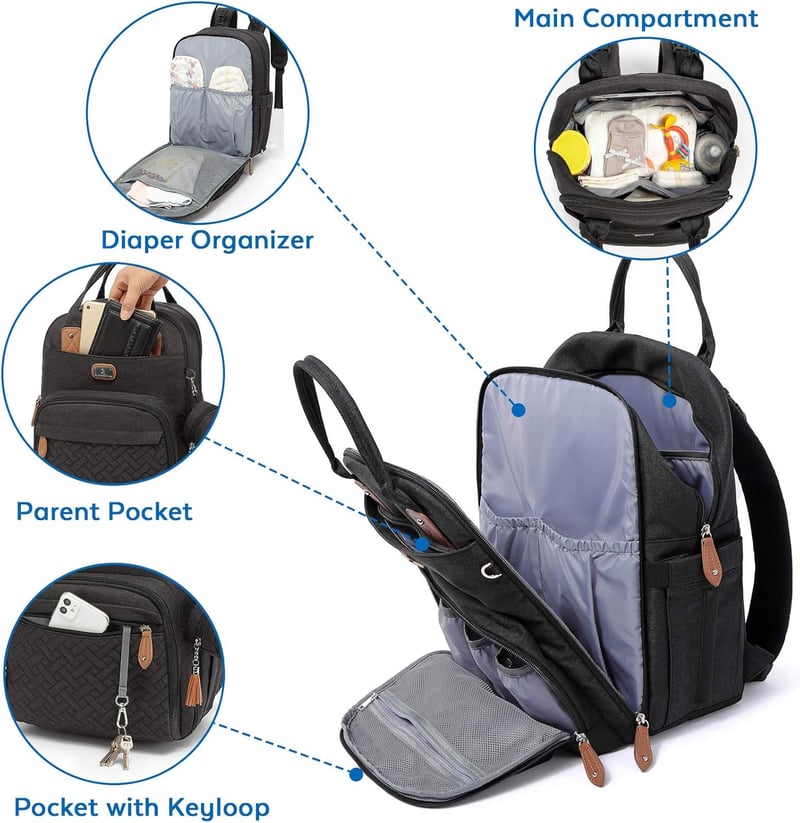 Multifunktionale Wickeltasche für Eltern mit Wickelauflage und Schnullerhalter