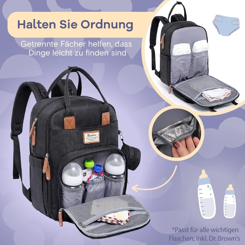 Multifunktionaler Baby Wickelrucksack mit Wickelauflage, Schwarz