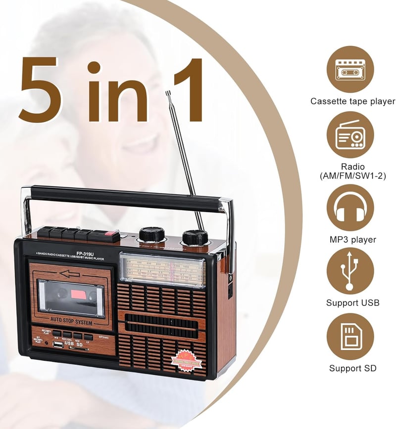 Tragbarer Retro-Kassettenspieler mit AM/FM-Radio und Lautsprecher
