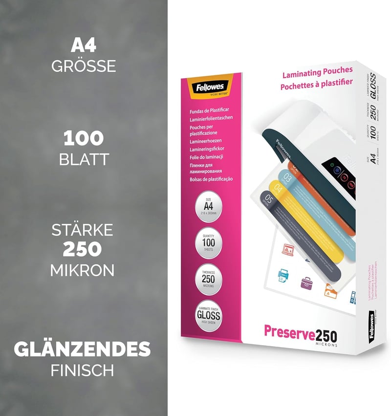 Fellowes A4 Heißlaminierfolien 250 Mikron, 100 Stück, glänzend