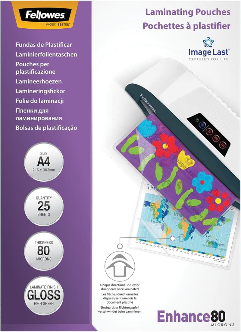 Fellowes Laminierfolien A4, Glänzend, 25 Stück, 80 Mikron, Transparent