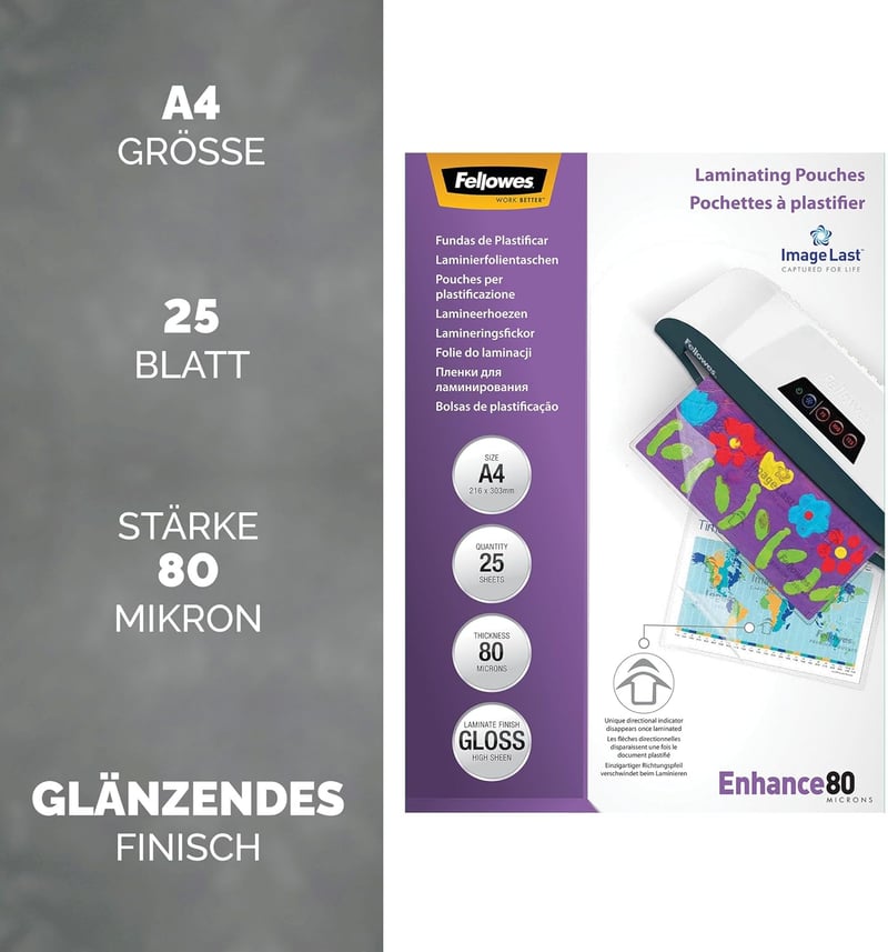 Fellowes Laminierfolien A4, Glänzend, 25 Stück, 80 Mikron, Transparent