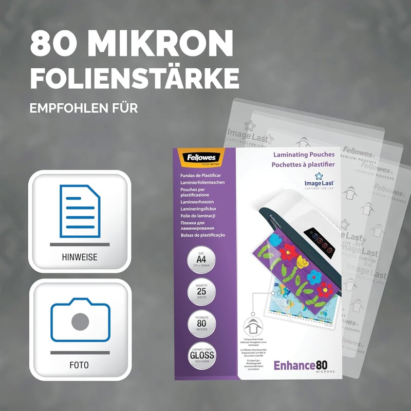 Fellowes Laminierfolien A4, Glänzend, 25 Stück, 80 Mikron, Transparent
