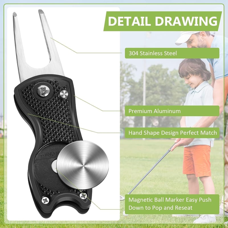 Faltbares Edelstahl Golf Divot Werkzeug mit Marker - Schwarz