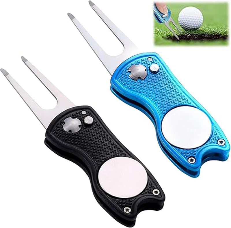 Klappbare Golf-Pitchgabel aus Edelstahl mit Ballmarker (2 Stück)
