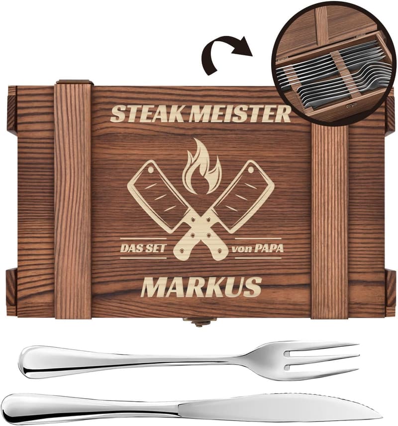 Personalisierte Edelstahl Steakbesteckset für 6 Personen in Holzkiste