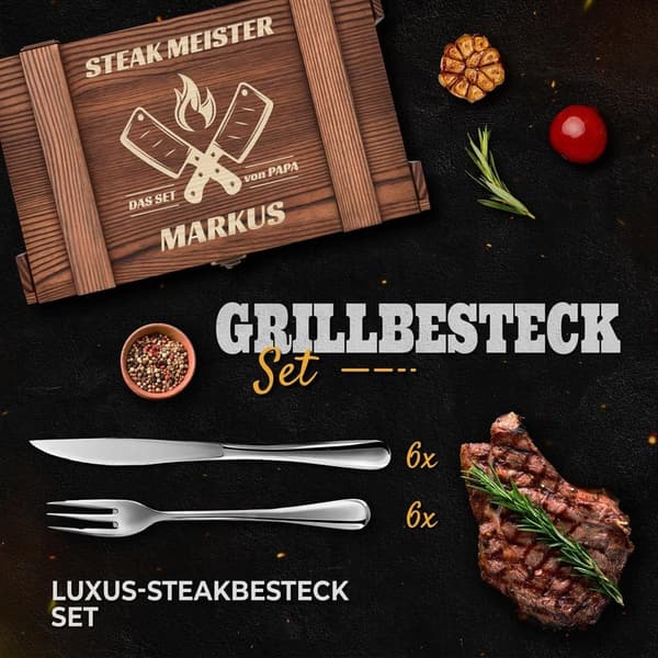 Personalisierte Edelstahl Steakbesteckset für 6 Personen in Holzkiste