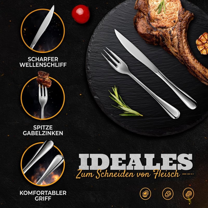 Personalisierte Edelstahl Steakbesteckset für 6 Personen in Holzkiste