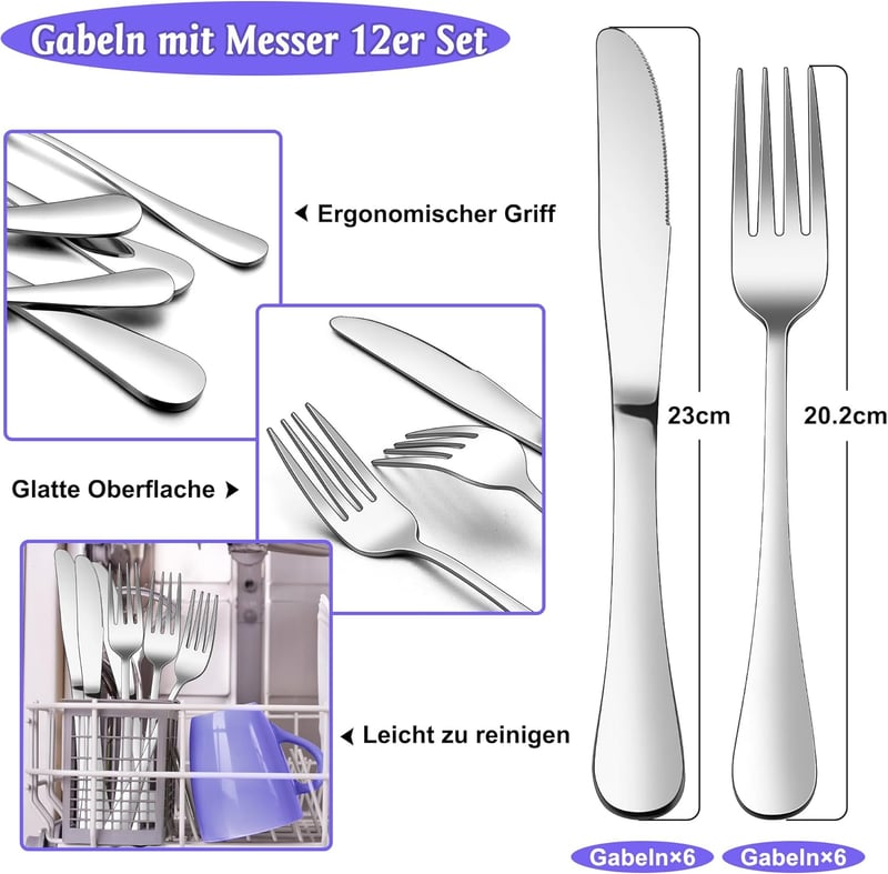 Steakbesteck Set für 6 Personen, 12-teilig, Edelstahl mit klassischem Griff