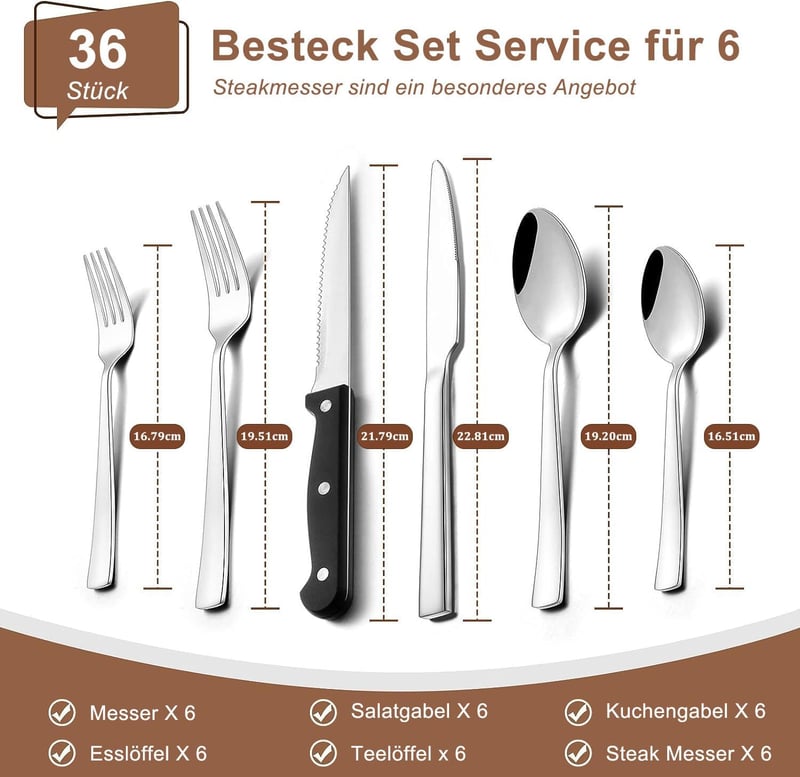 Edelstahl Besteckset für 6 Personen – Elegantes 36-teiliges Set mit Steakmessern, spülmaschinenfest