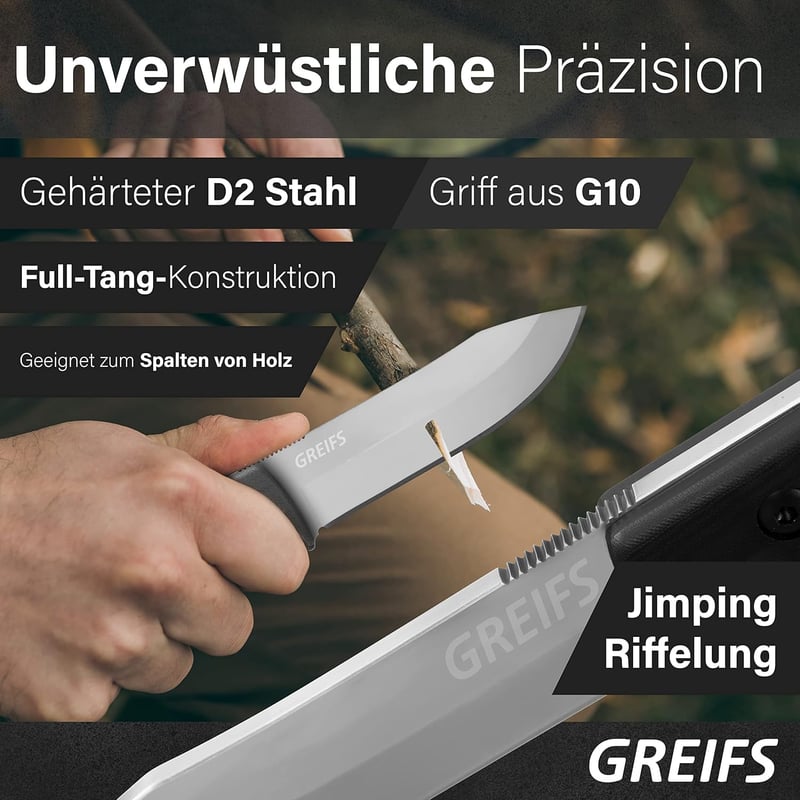 GREIFS® D2 Stahl Outdoor-Messer mit Kydex-Holster und Feuerstahl
