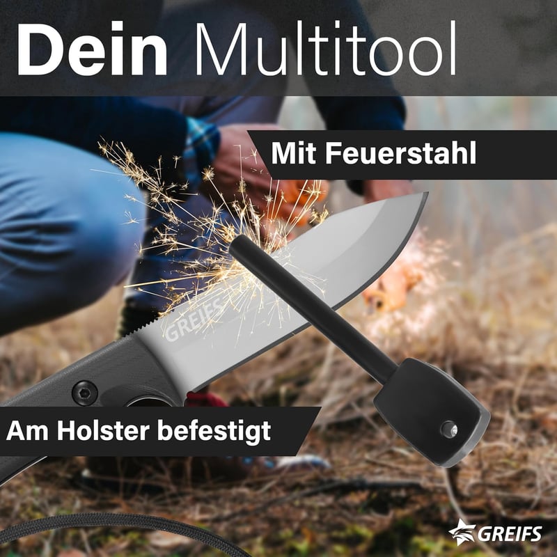 GREIFS® D2 Stahl Outdoor-Messer mit Kydex-Holster und Feuerstahl