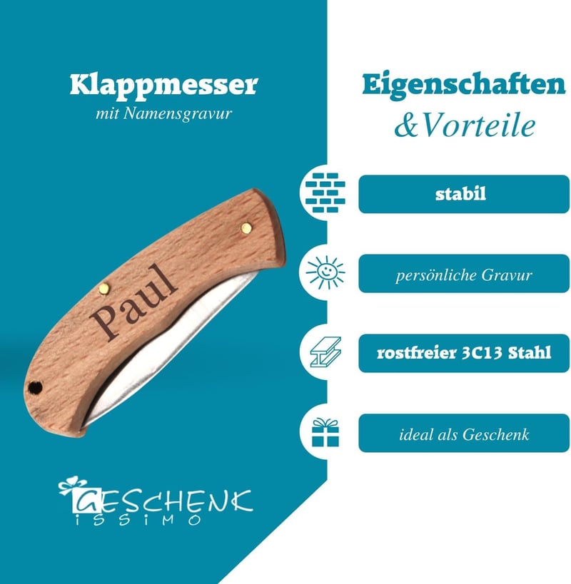 Personalisiertes sicheres Holz-Klappmesser für Kinder mit Namensgravur
