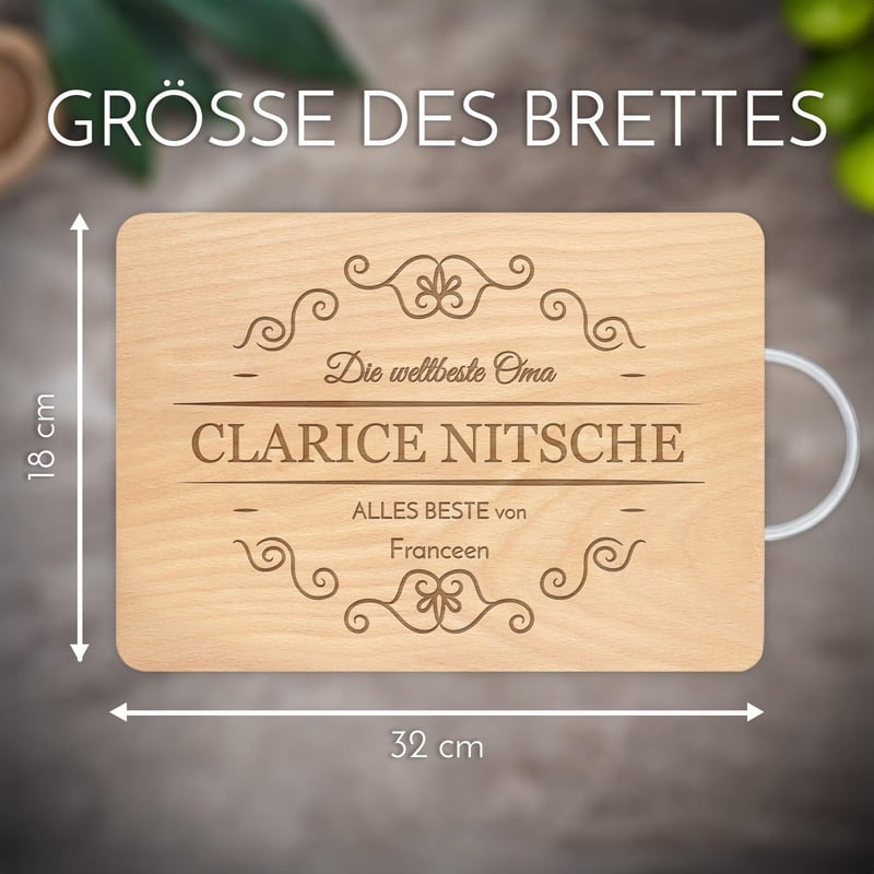 Personalisierte Brotzeitbrett aus Buchenholz mit Gravur für Frauen, 32x18 cm