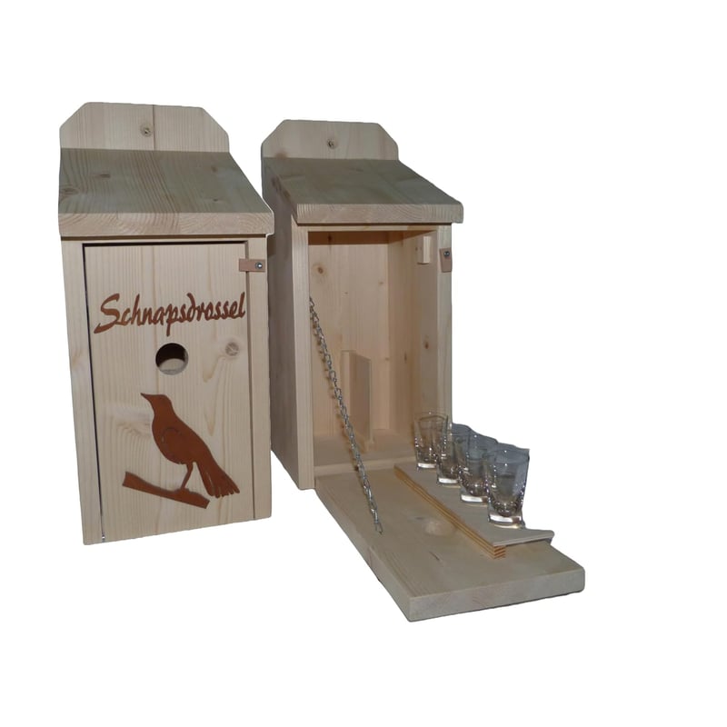 Vogelhaus-Schnapsbar aus Holz mit Vogelmotiv – perfektes Garten-Geschenk
