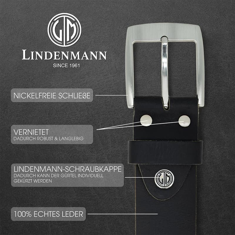 LINDENMANN Herrengürtel aus schwarzem Büffelleder, 40 mm