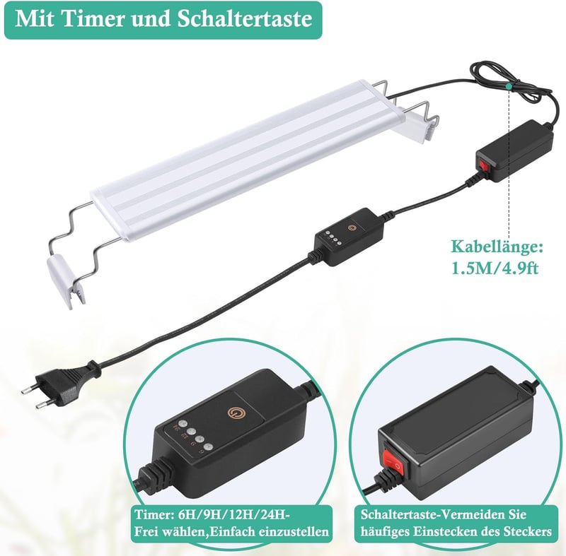 Full Spectrum LED Aquariumleuchte 40-60 cm mit Timer und Halterungen