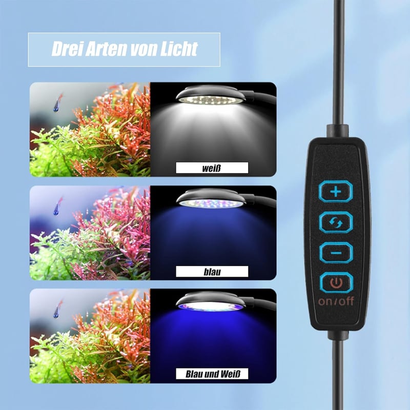 Clip-On Aquariumlampe 7W für 20-40 cm Aquarien, Weiß und Blau