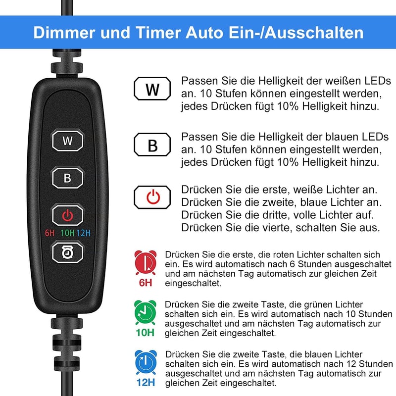 Aquarium LED Licht mit Timer und Dimm-Funktion, 3 Lichtmodi, 10 Helligkeitsstufen, 18 cm