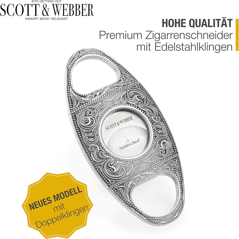 Zigarrenschneider mit Doppelklinge aus Edelstahl im Lederetui - Geschenk für Zigarrenliebhaber
