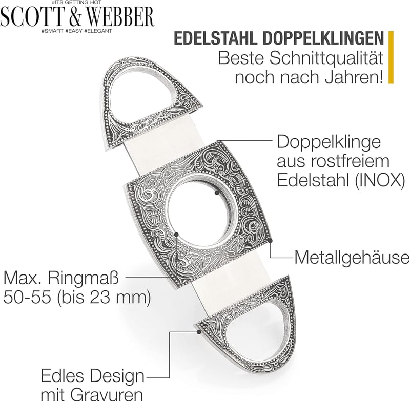 Zigarrenschneider mit Doppelklinge aus Edelstahl im Lederetui - Geschenk für Zigarrenliebhaber