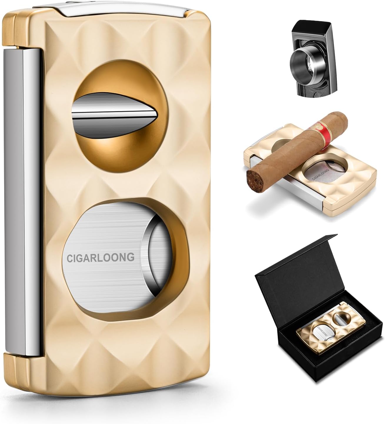 Zigarrenschneider 4-in-1 aus Edelstahl mit Diamantmuster (Gold)