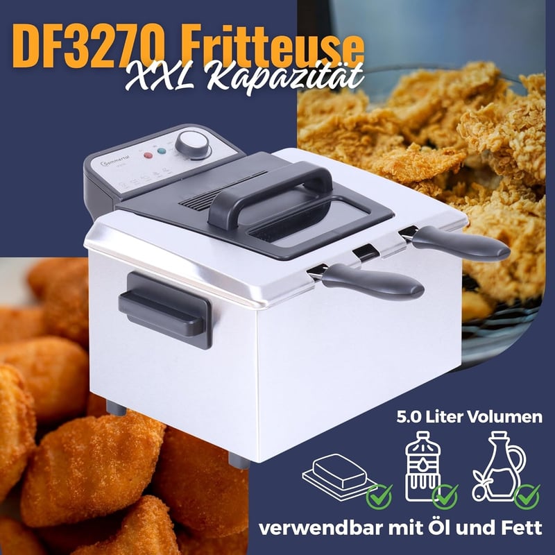 Sommertal XXL Fritteuse aus Edelstahl mit 3 Körben, 5L, 3000W