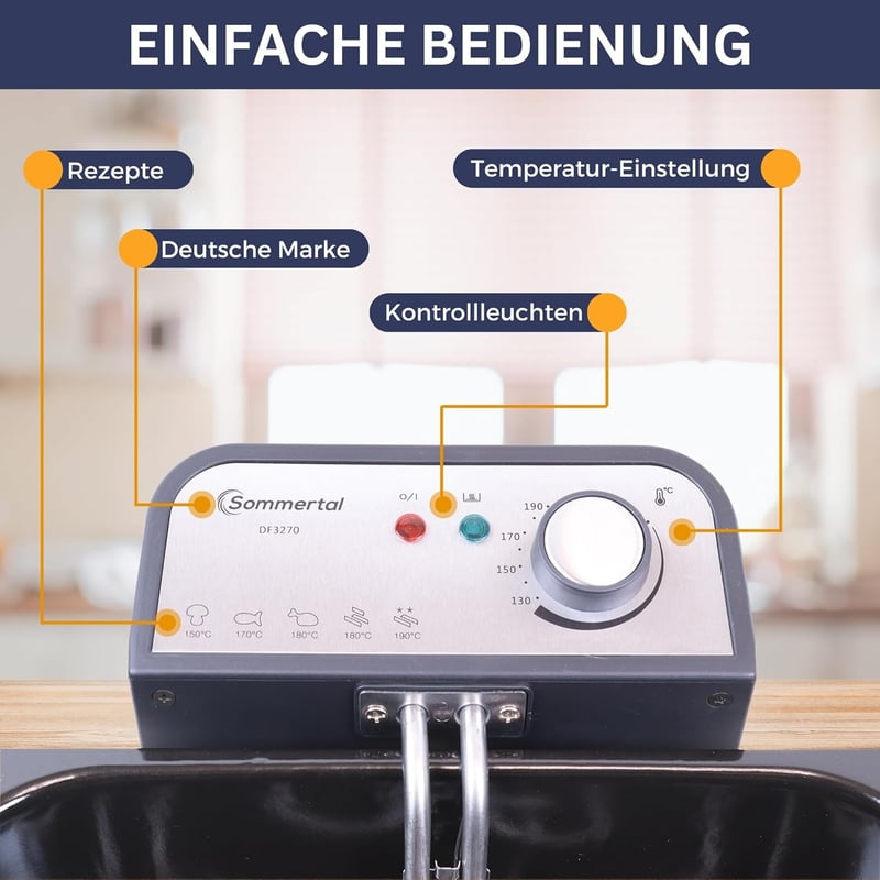 Sommertal XXL Fritteuse aus Edelstahl mit 3 Körben, 5L, 3000W