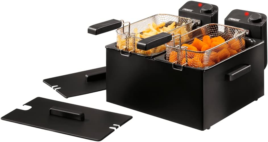 Princess Edelstahl Doppel-Fritteuse schwarz mit Kaltzonenfunktion, 2 x 3L
