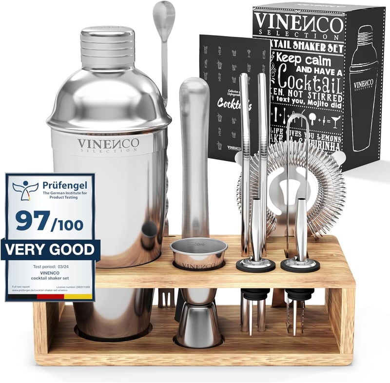 Cocktail Shaker Set aus Edelstahl mit Ständer und Rezeptbuch für Paare