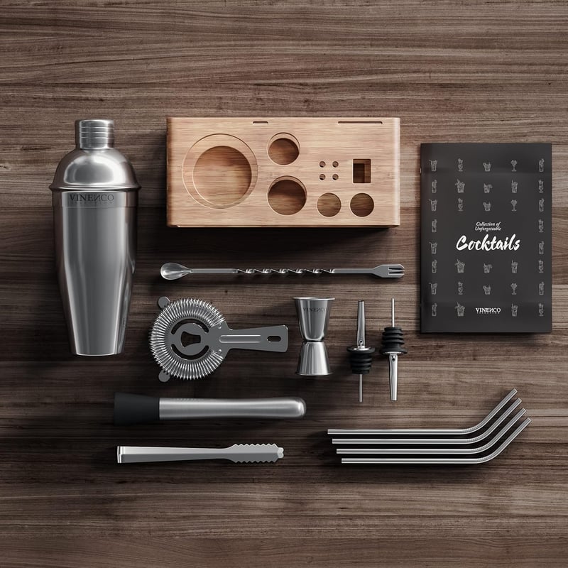 Cocktail Shaker Set aus Edelstahl mit Ständer und Rezeptbuch für Paare