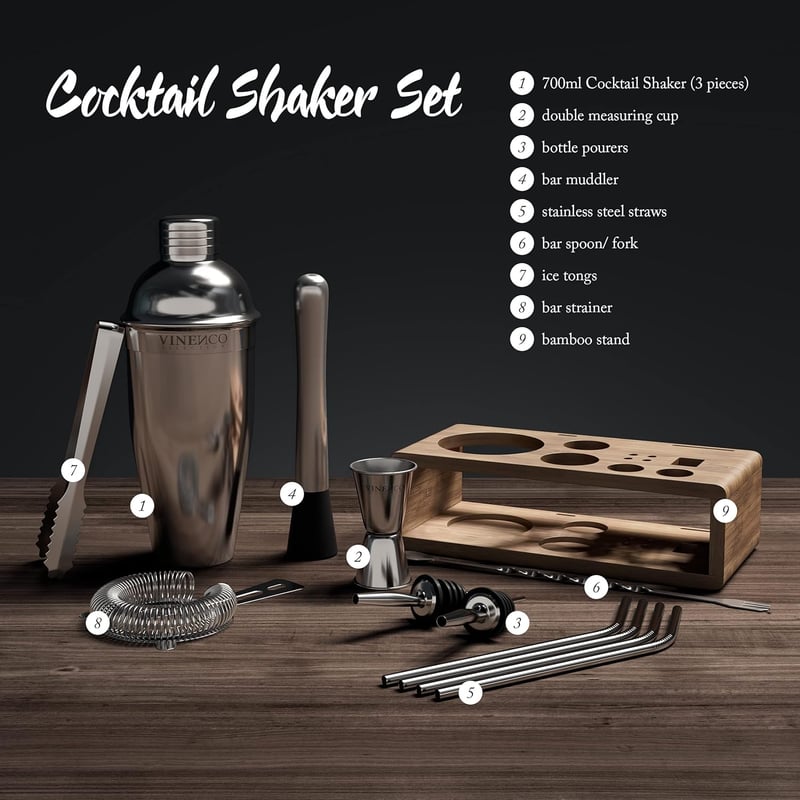 Cocktail Shaker Set aus Edelstahl mit Ständer und Rezeptbuch für Paare