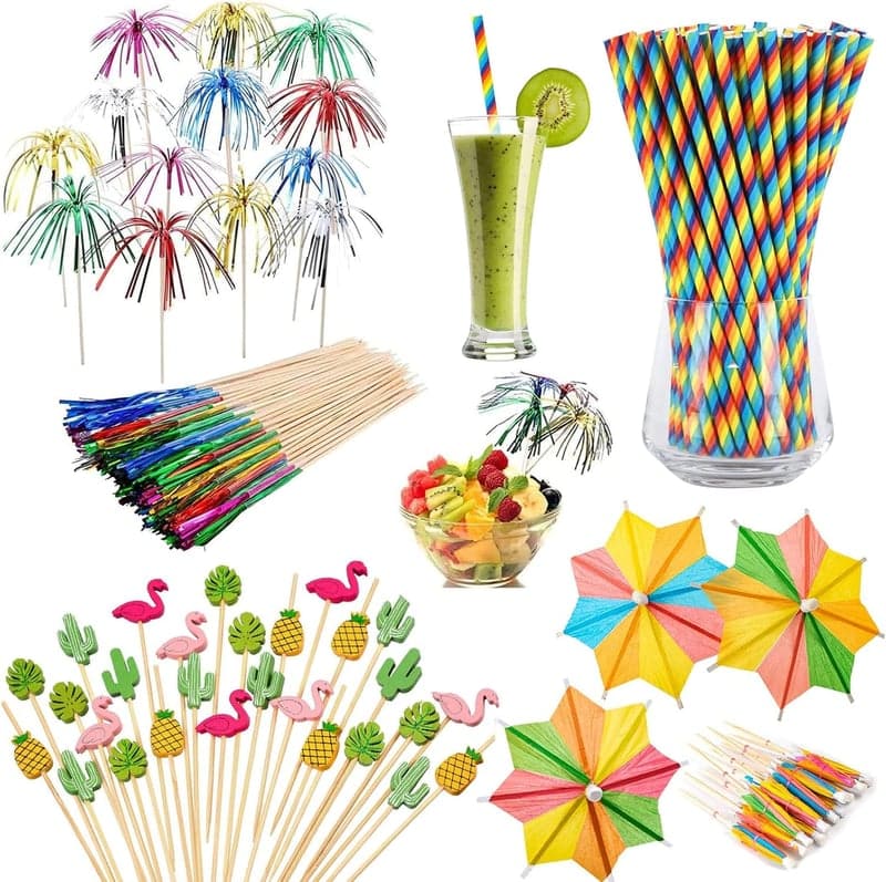 140 Stück Cocktail Deko Set mit Schirmchen und Strohhalmen