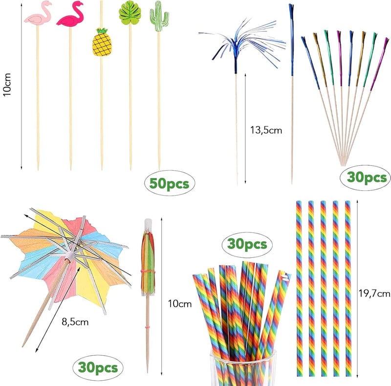 140 Stück Cocktail Deko Set mit Schirmchen und Strohhalmen
