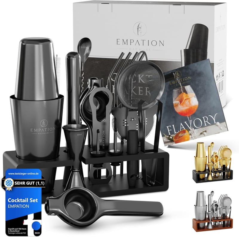 Cocktail Set Schwarz mit 825ml Profi Shaker und Bar Zubehör
