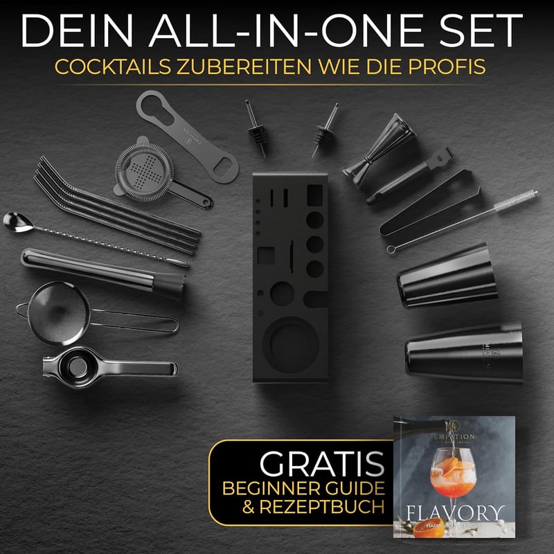 Cocktail Set Schwarz mit 825ml Profi Shaker und Bar Zubehör