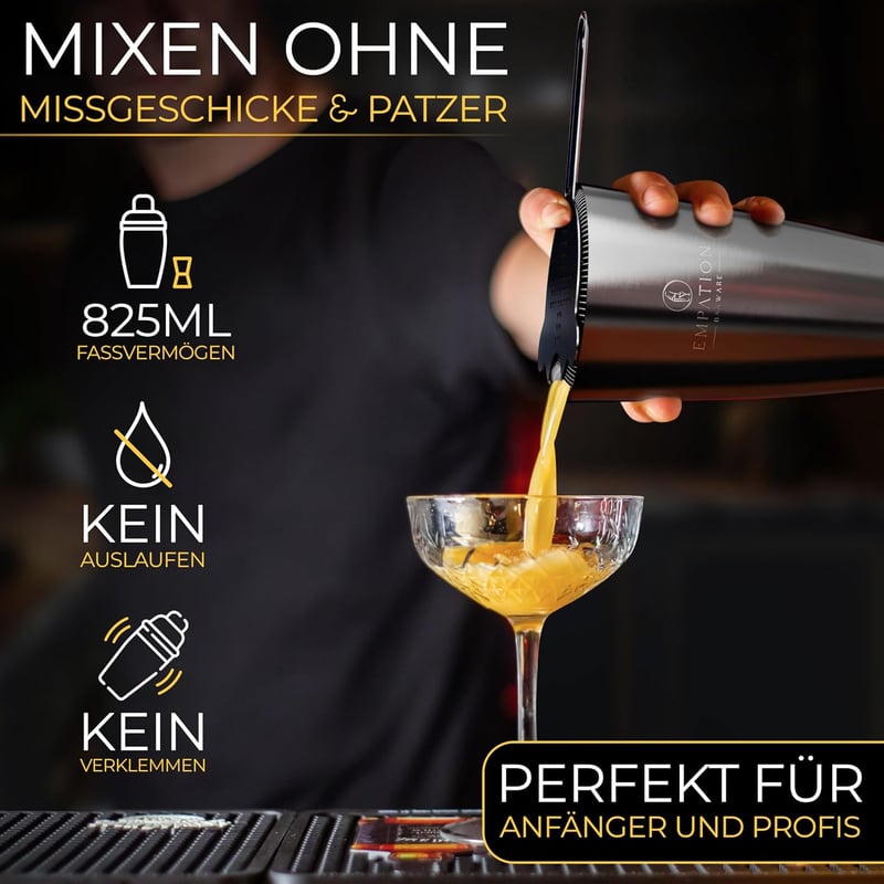 Cocktail Set Schwarz mit 825ml Profi Shaker und Bar Zubehör
