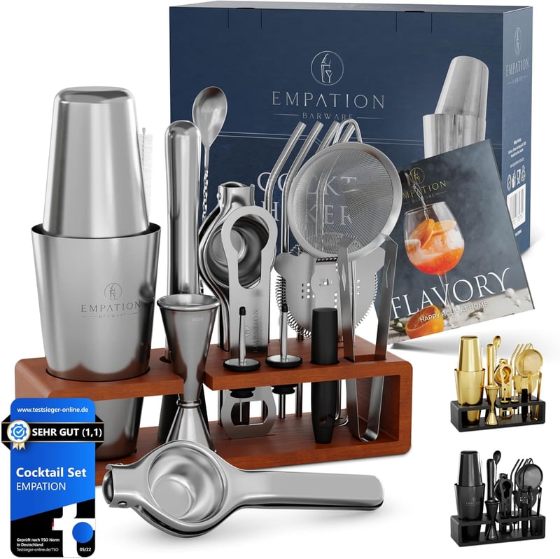 Profi Cocktail Set mit 825ml Edelstahl Shaker, Ständer & Rezeptbuch