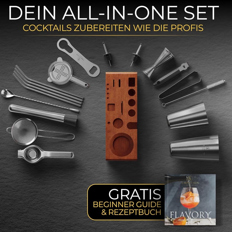 Profi Cocktail Set aus Edelstahl mit Rezeptbuch und Ständer