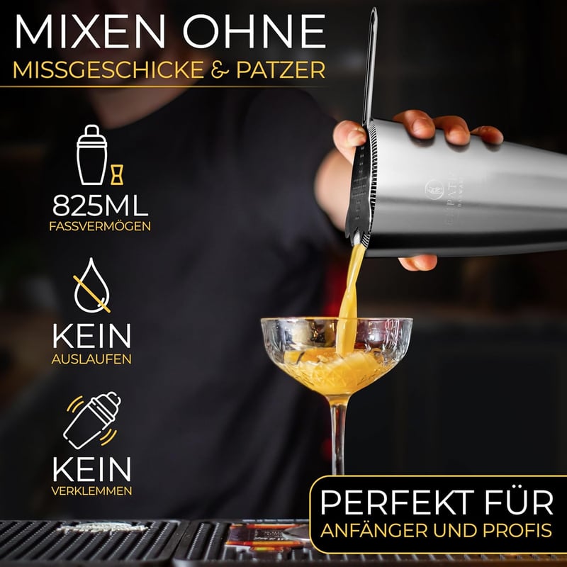 Profi Cocktail Set aus Edelstahl mit Rezeptbuch und Ständer